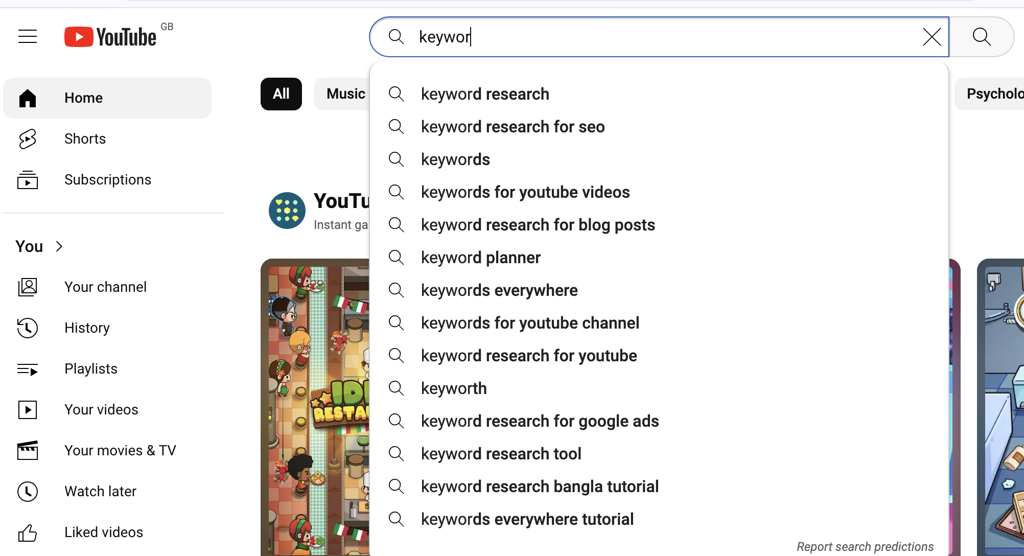 A screenshot of YouTube as a keyword marketing strategy